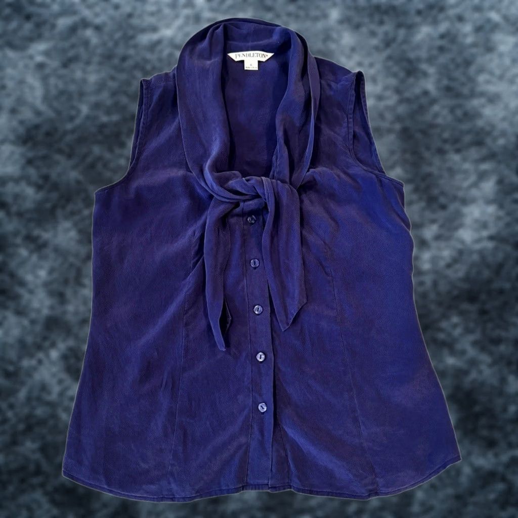 Pendleton Pendleton Silk Sleeveless Blouse Navy Blue Tie Neck Button-Up Collared Women 6 Classic Size M / US 6-8 / IT 42-44 - 1 Thumbnail
