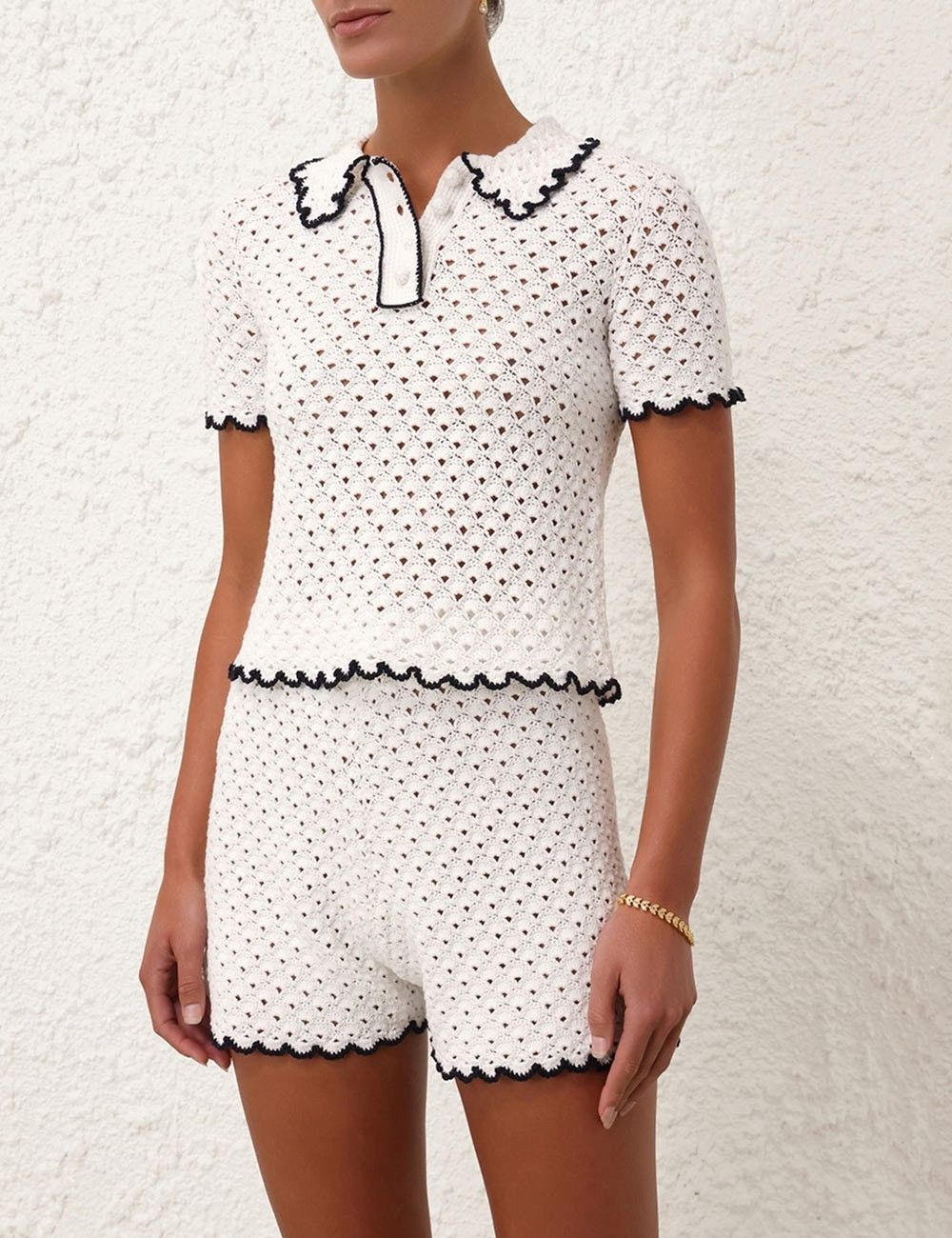 Zimmermann oc11z0525 Halliday Scallop Polo Shirt in Black & Ivory Size L / US 10 / IT 46 - 2 Thumbnail