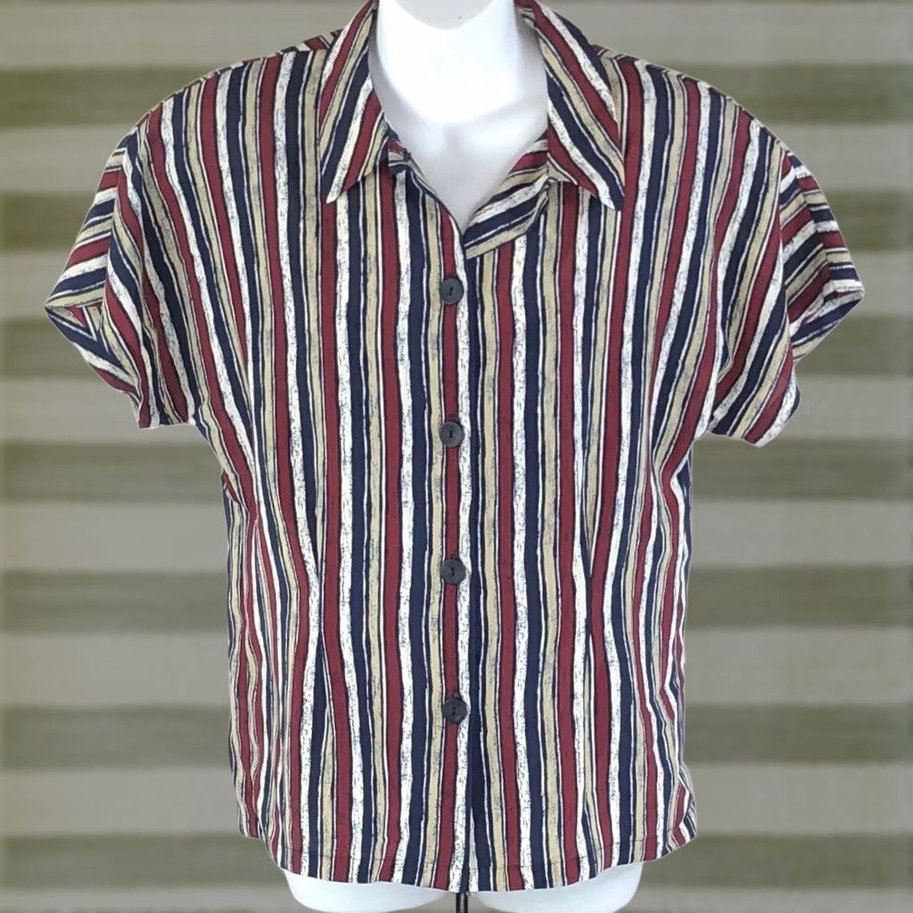 Vintage VINTAGE CL Top Blouse 10P Red Blue Stripe Cut In Chunky Button Y2K Career Work Womens Size L / US 10 / IT 46 - 1 Thumbnail
