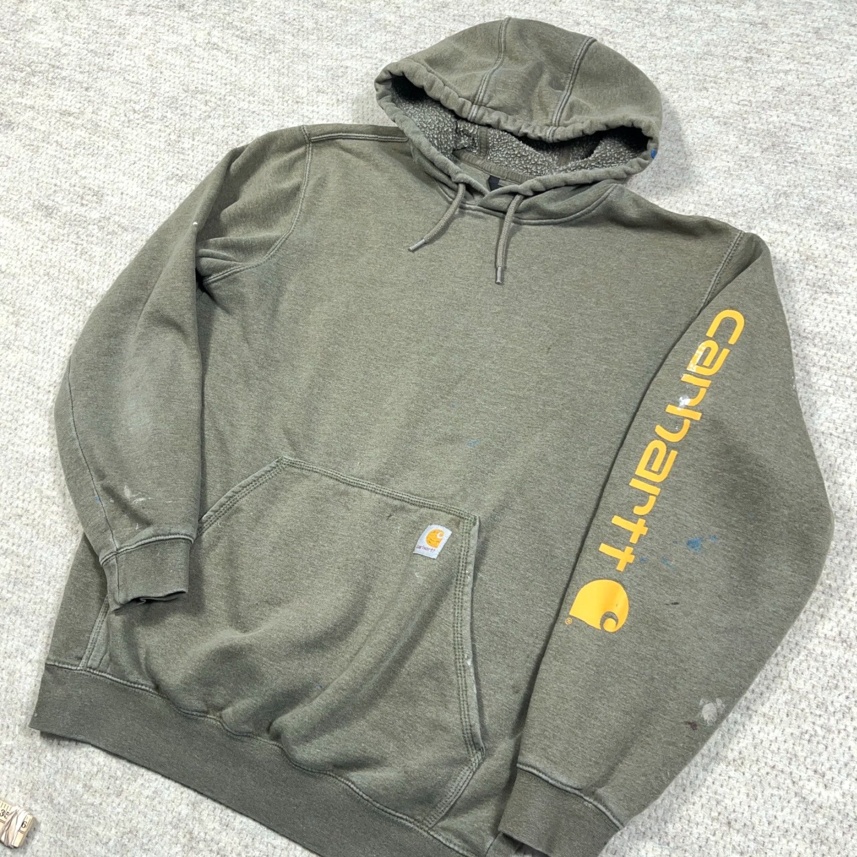 Carhartt Carhartt Hoodie Men Medium Olive Green Loose Fit Sleeve Spellout Sweatshirt Worn Size US M / EU 48-50 / 2 - 2 Thumbnail