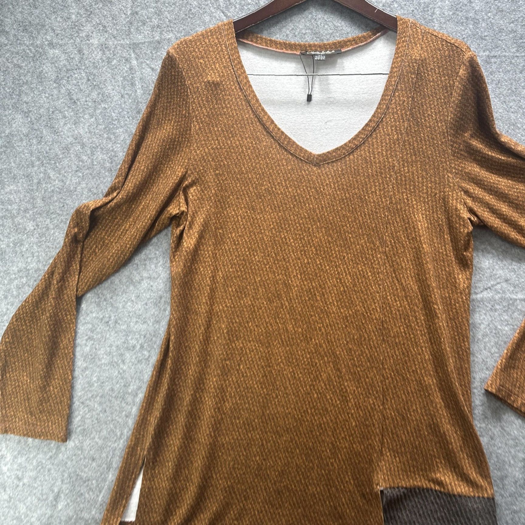 Vintage Luukaa Shirt Womens 10 Brown Cinnamon V Neck Tunic Long Sleeve Stretch Geometric Size L / US 10 / IT 46 - 4 Thumbnail