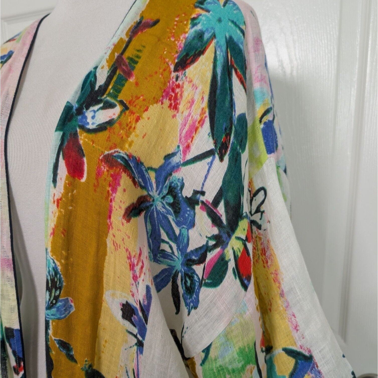 Anthropologie Petanu Pashma Floral Linen Duster Womens One Size White Size ONE SIZE - 3 Thumbnail