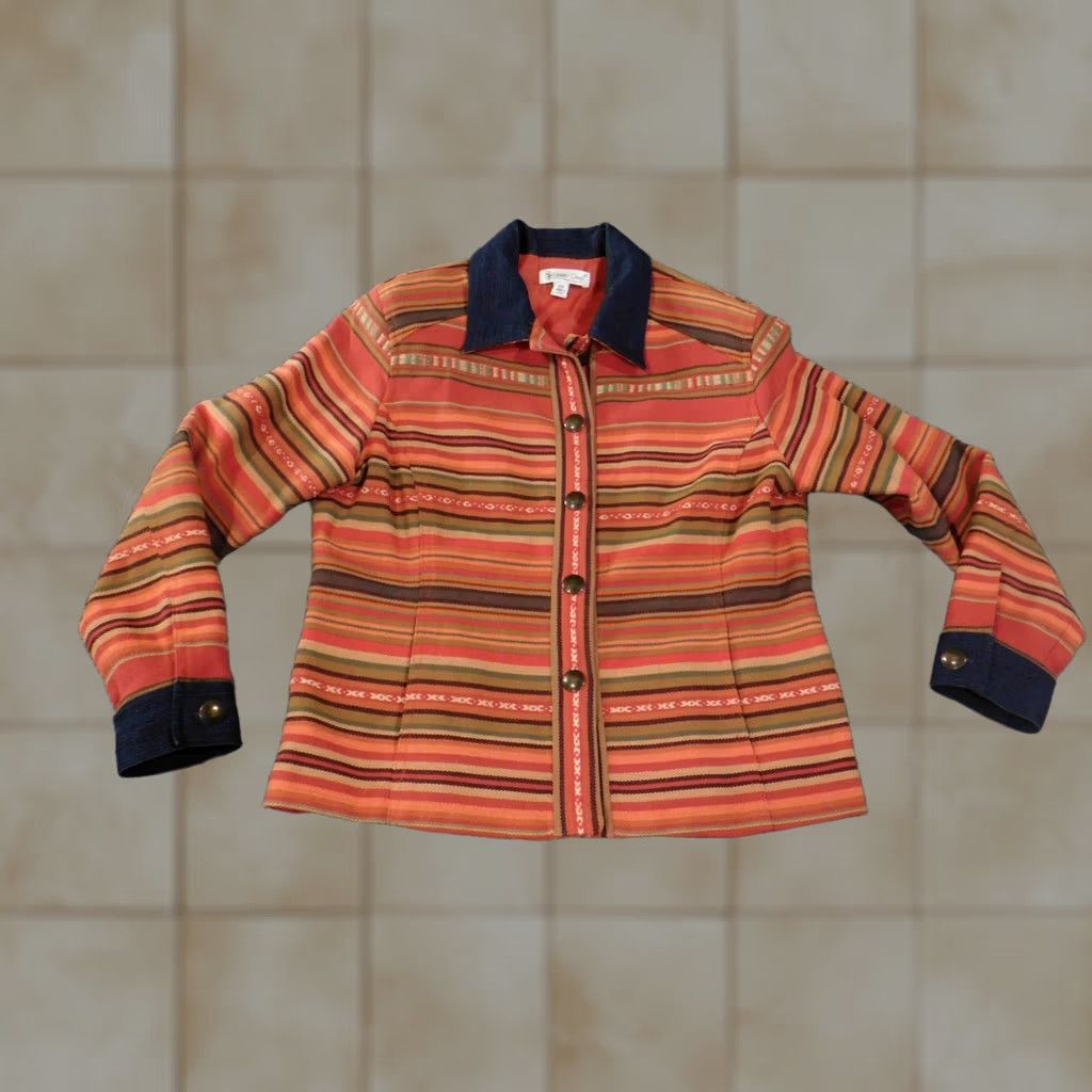 Coldwater Creek coldwater creek Jacket Women PM Red Striped Lined Button Mid-Length Regular Cotton Canvas Fall Spring Vintage: No gras Size M / US 6-8 / IT 42-44 - 1 Thumbnail