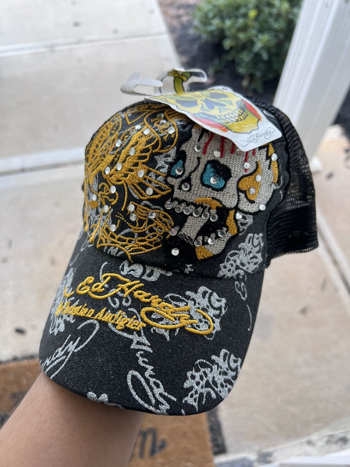 Christian Audigier × Ed Hardy Ed Hardy Skull rhinestone bright Trucker hat Size ONE SIZE - 6 Thumbnail