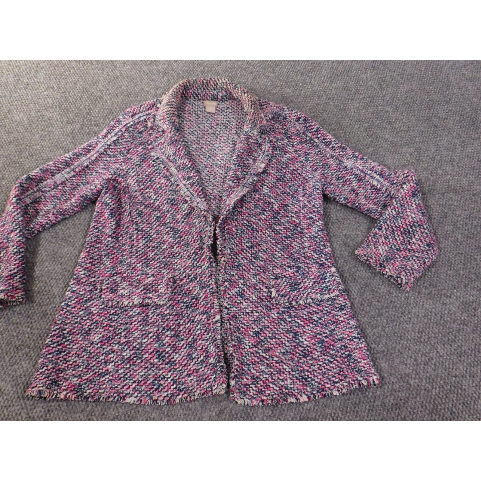 Vintage Chico's Purple Open Knit Blazer Jacket Women Regular Size 2 Geometric Pattern Long Sleeve Cotton Casual Size XS / US 0-2 / IT 36-38 - 3 Thumbnail