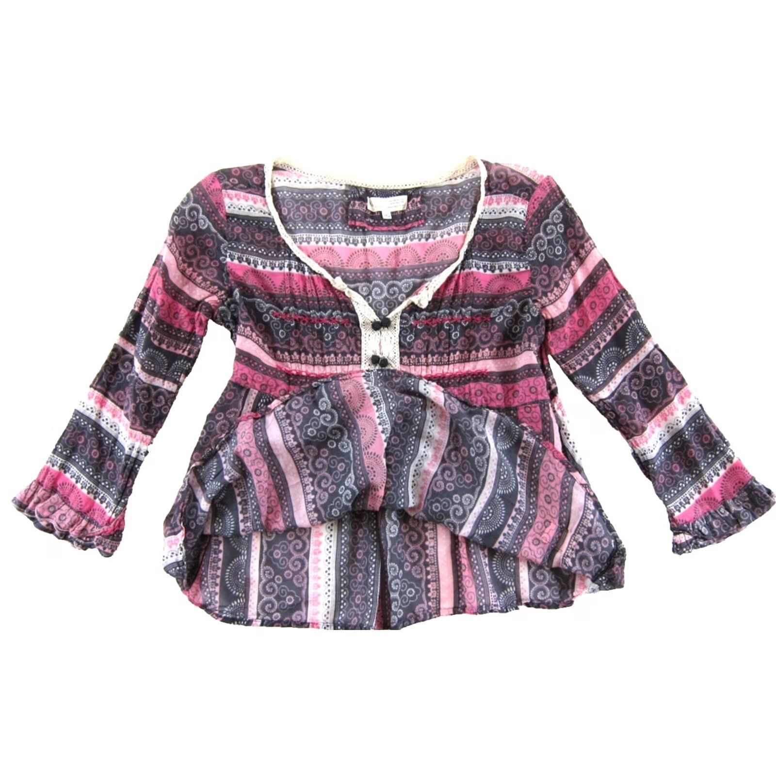 Pinko Odd Molly Blouse 3/4 Sleeve Peasant 100% Cotton Lightweight Pink Grey Size 2 Floral V-Neck Zip Womens Size XS / US 0-2 / IT 36-38 - 4 Thumbnail