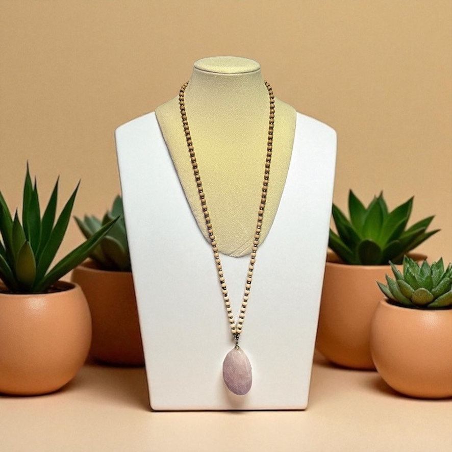 Vintage Rose Quartz Pendant Necklace-Wood Beads-Boho Chic-Gemstone Size ONE SIZE - 4 Thumbnail