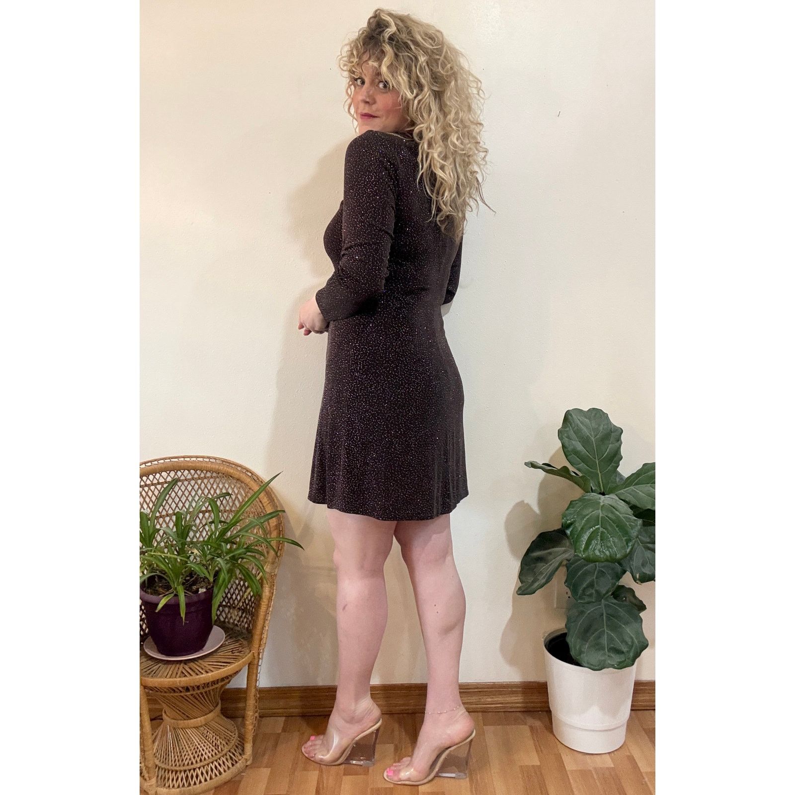 Other 90s Chocolate Brown Asymmetrical Neckline Sparkle Dress Size XL / US 12-14 / IT 48-50 - 2 Thumbnail