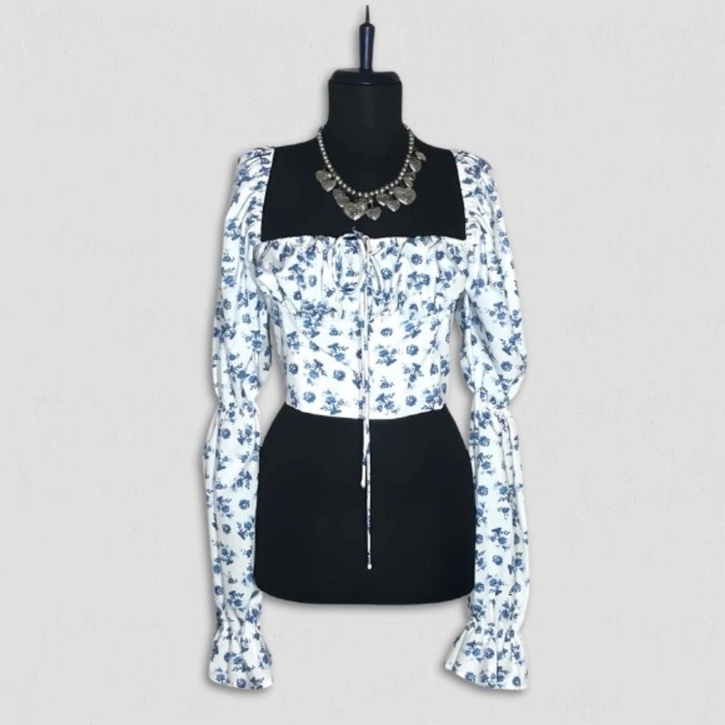 Vintage Y2K boho Cropped Top Tie Trumpet Sleeves Floral Blue White M Size M / US 6-8 / IT 42-44 - 3 Thumbnail