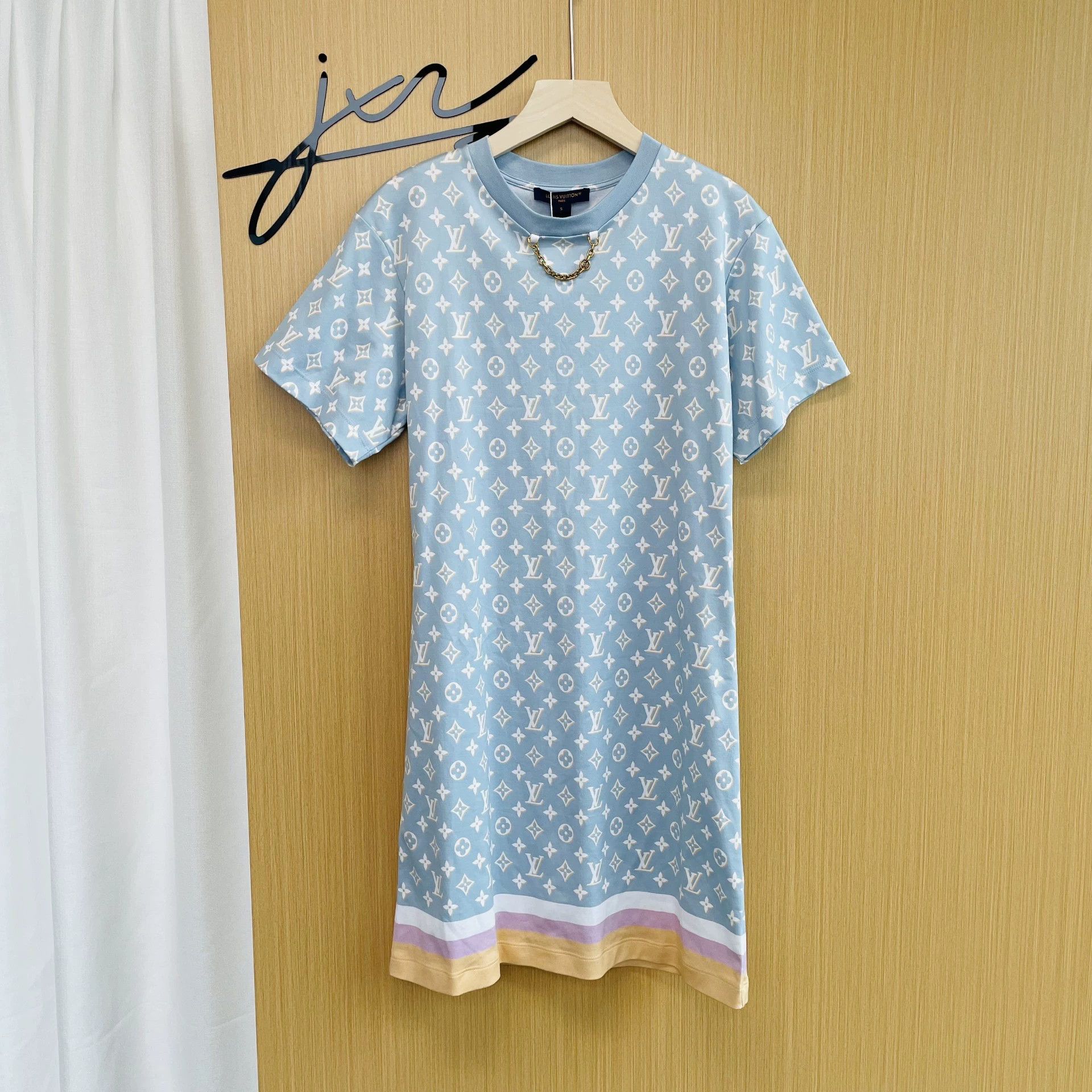Louis Vuitton LOUIS VUITTON 99 New Blue Crewneck Print Mid-L SS Dress S Size S / US 4 / IT 40 - 1 Thumbnail