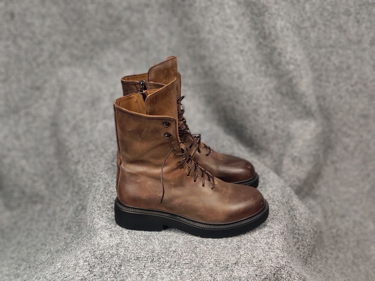 Lemargo Design Combat Leather Brown Lace Up Zip Womens Boots