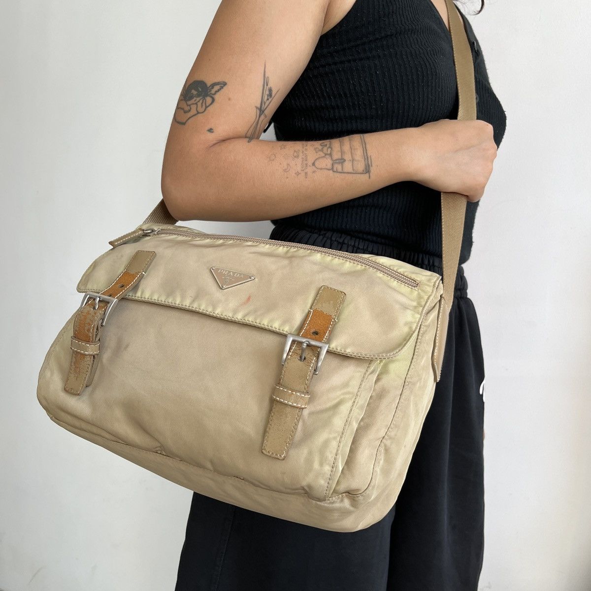 Prada Nylon Beige Messenger Bag, Men's