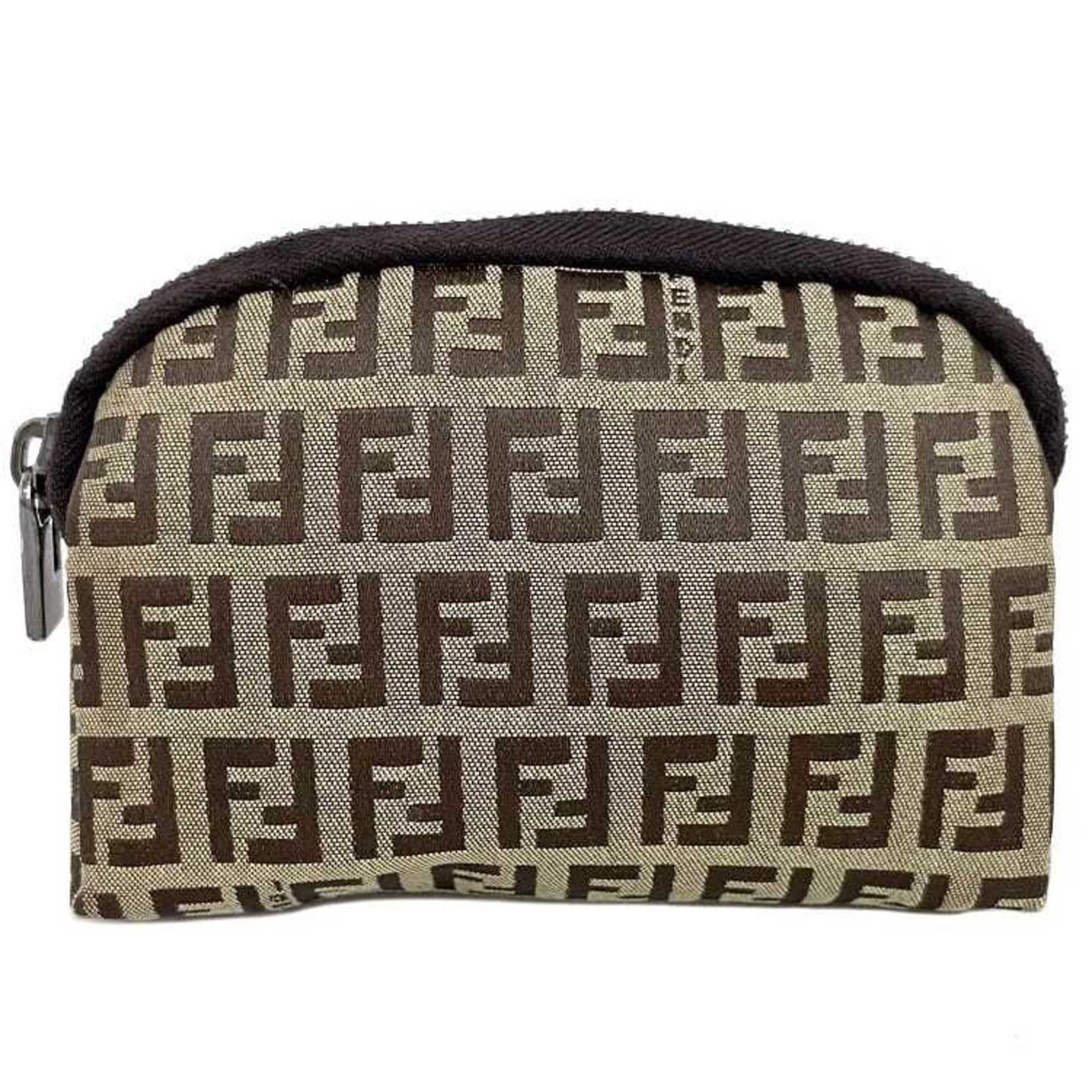 image of Fendi Pouch Beige Brown Zucchino 7N0003 Canvas Leather Ff Women's in Black