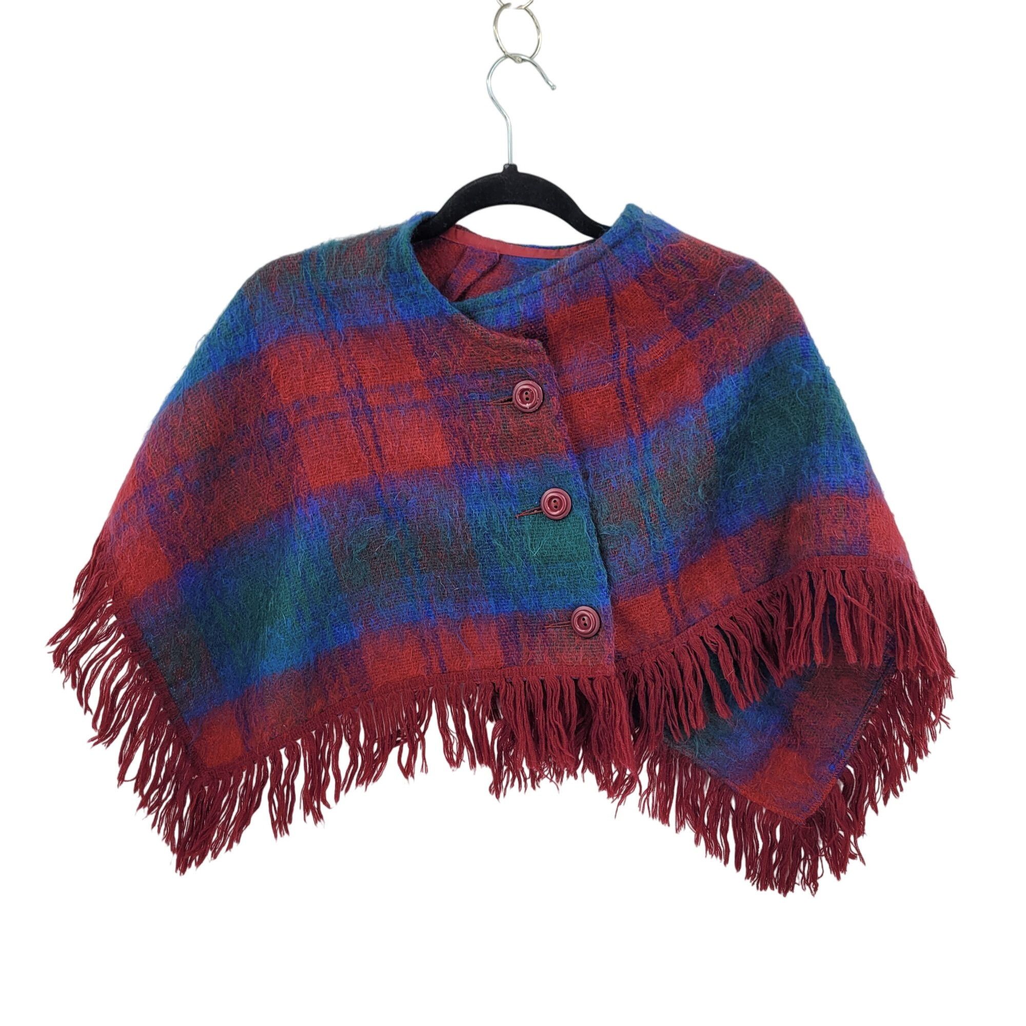 Vintage Vtg Scottish Cropped Poncho Mohair Wool Red Blue Plaid Fring Size ONE SIZE - 1 Thumbnail