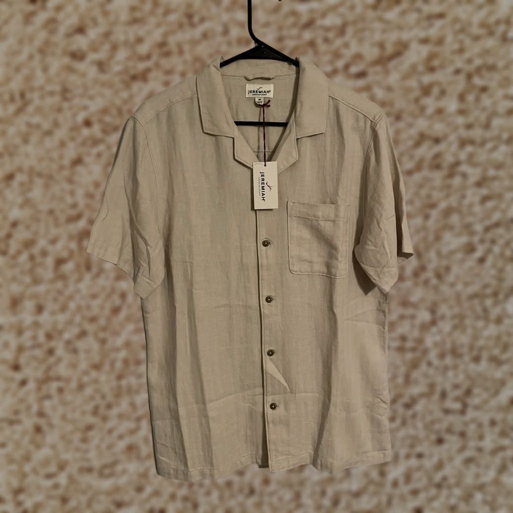 Vintage VINTAGE Jeremiah Linen Blend Beige Natural Camp S/S Hawaiian Shirt - Men's Medium - New! Size US M / EU 48-50 / 2 - 1 Thumbnail