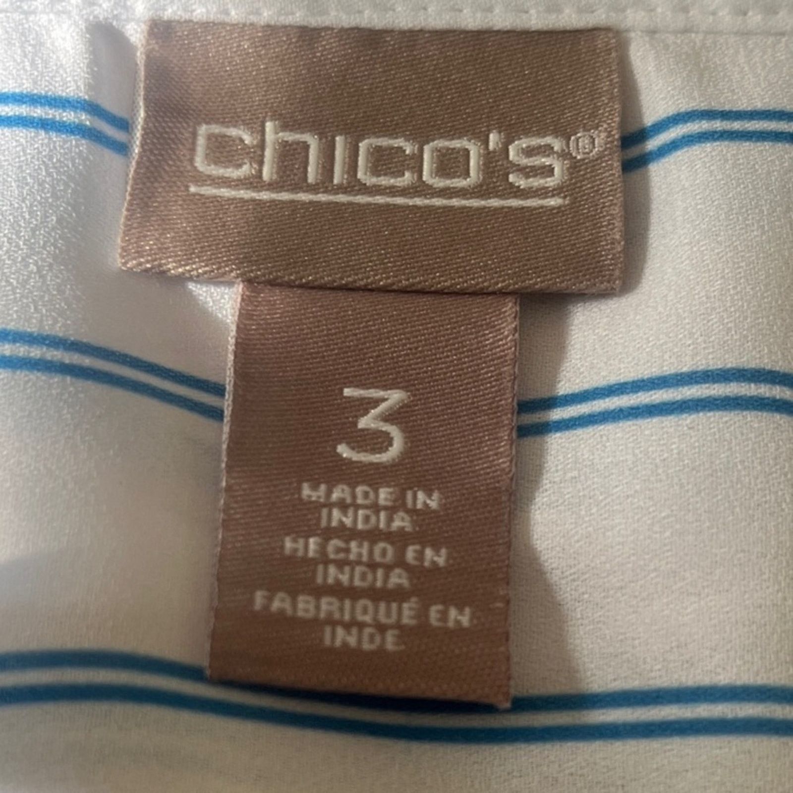 Chicos Chico's White Blouse, Blue Stripes roll tab sleeves sz 3, XL Size XL / US 12-14 / IT 48-50 - 2 Thumbnail