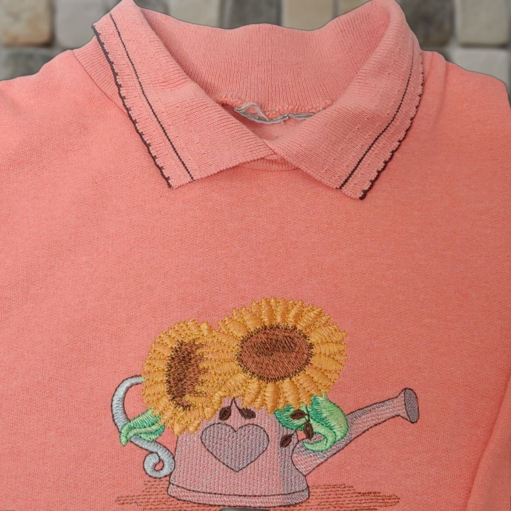 Sunflower VINTAGE Embroidered Floral Sweatshirt L Salmon Collared Pullover Cottagecore Women Size L / US 10 / IT 46 - 1 Thumbnail
