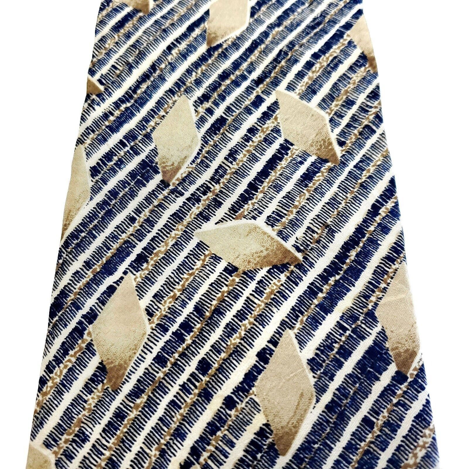 Designer Surrey Blue Tan Striped Abstract Print Short Wide Silk Tie Size ONE SIZE - 2 Thumbnail