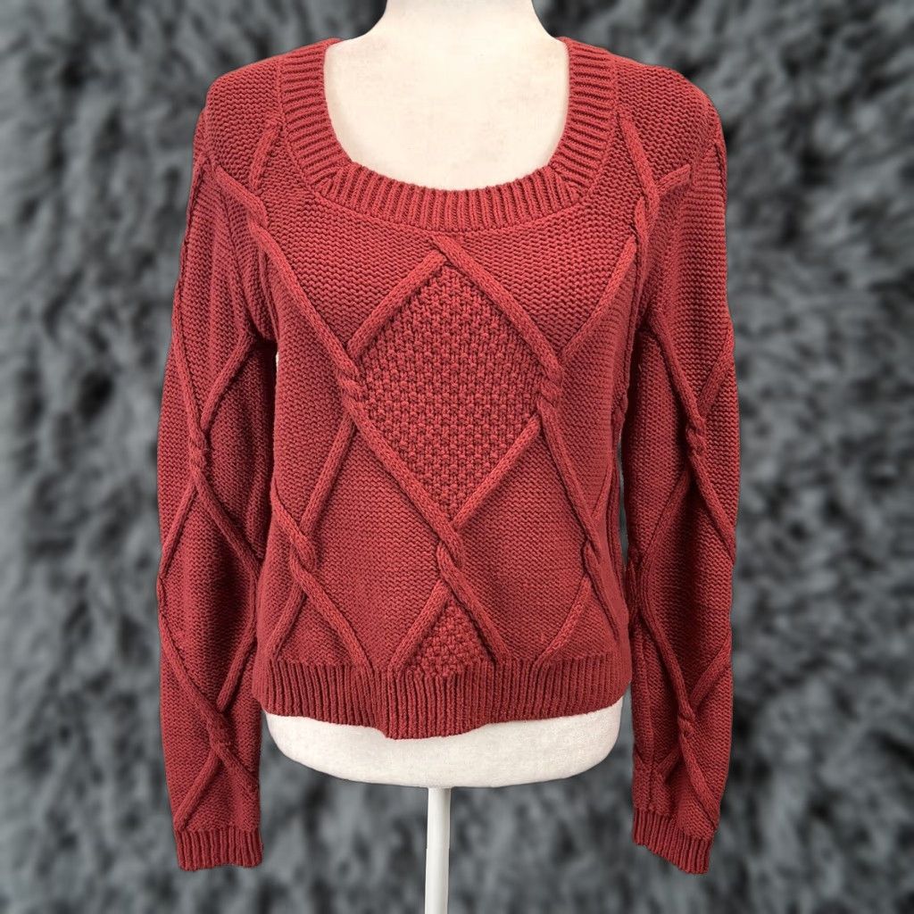 Vintage CAbi Women's Sweater Size S Mulberry Red Cable Knit Square Neck Pullover Cotton Blend Knit Size S / US 4 / IT 40 - 1 Thumbnail