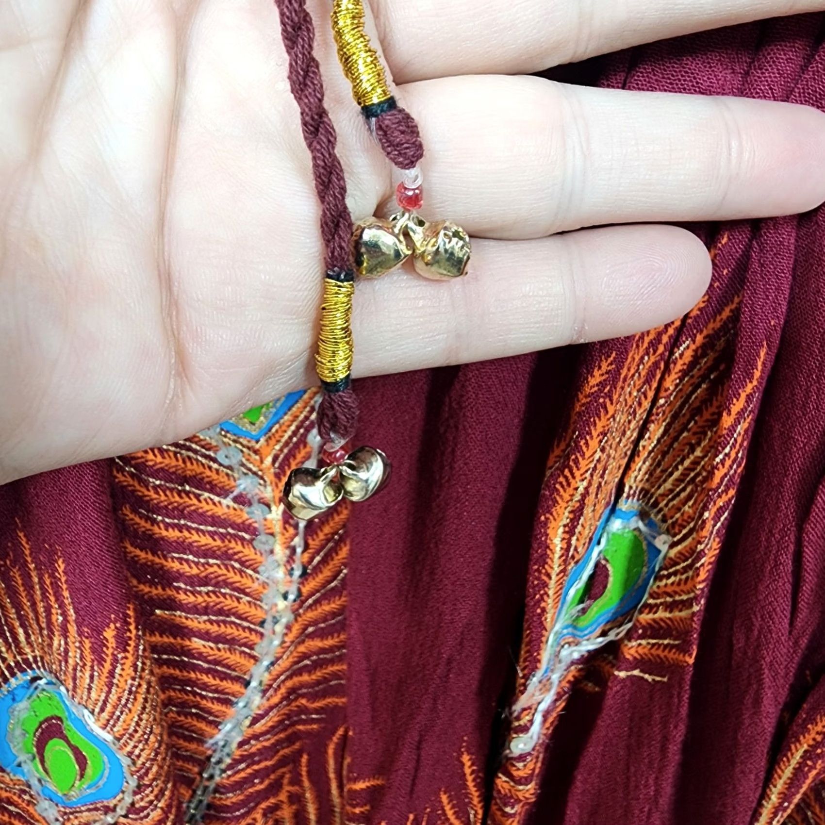 Vintage Boho Broomstick Maxi Skirt Womens M Painted Sequins Peacock Pull On India Size 32" / US 10 / IT 46 - 5 Thumbnail