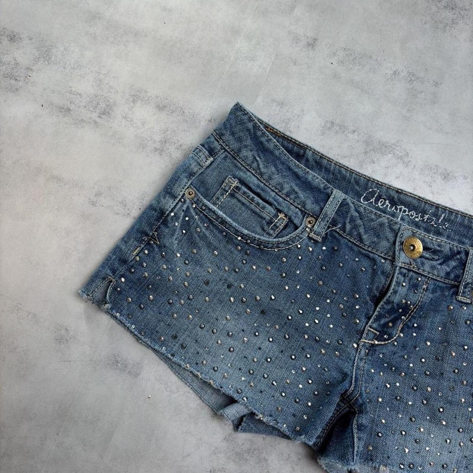 Aeropostale Y2K Blue Aeropostale Grunge Embellished Mini Denim Shorts Size 25" / US 0 / IT 36 - 3 Thumbnail