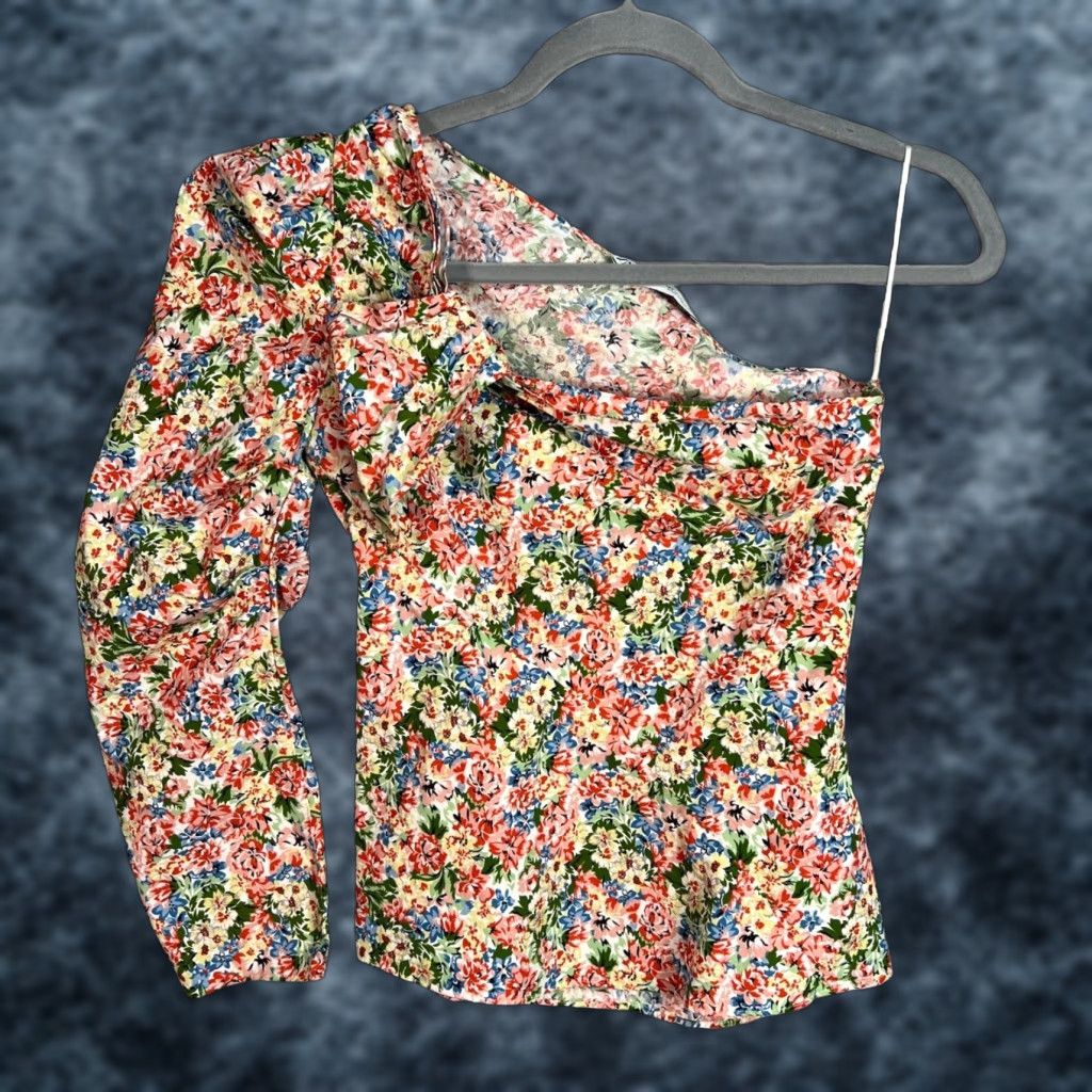 Zara Zara Blouse Womens XS Floral One-Shoulder Long Sleeve 100% Cotton Multicolor Spring Summer Fall Womens Size XS / US 0-2 / IT 36-38 - 1 Thumbnail