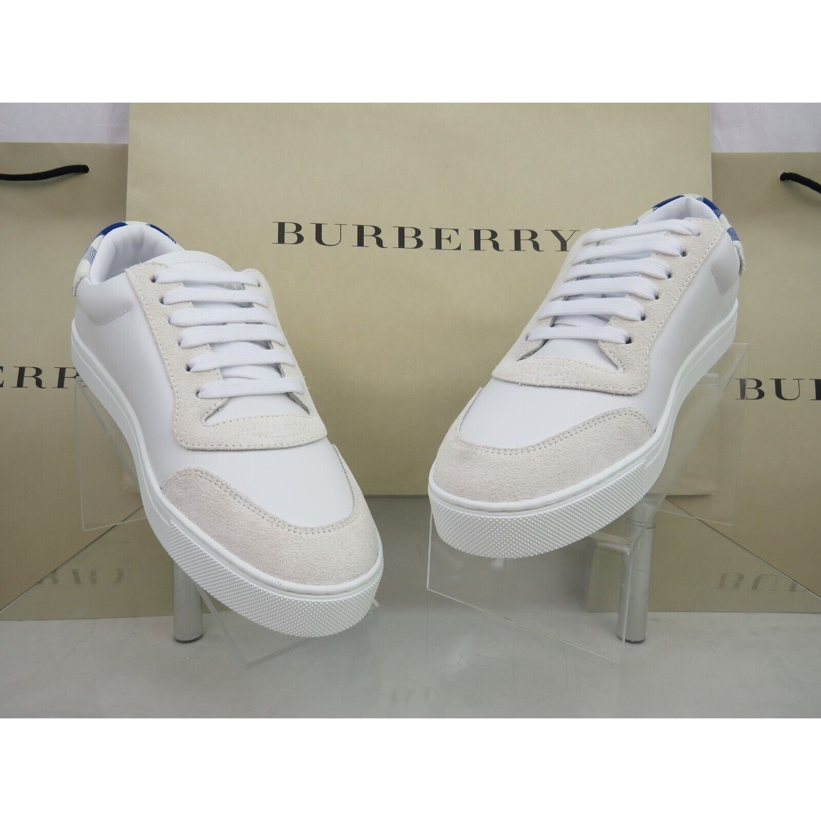 Burberry BURBERRY ROBIN WHITE BLUE CHECK LTH LOW LOGO SNEAKERS 12 45 Size US 12 / EU 45 - 5 Thumbnail