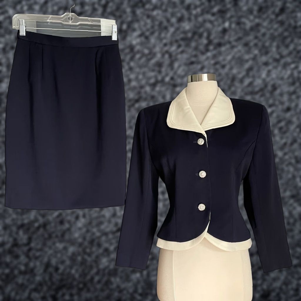 Vintage VINTAGE Courreges 80’s Jacket & Skirt Suit Wool Navy w/Rhinestone Buttons S Size 28" / US 6 / IT 42 - 1 Thumbnail