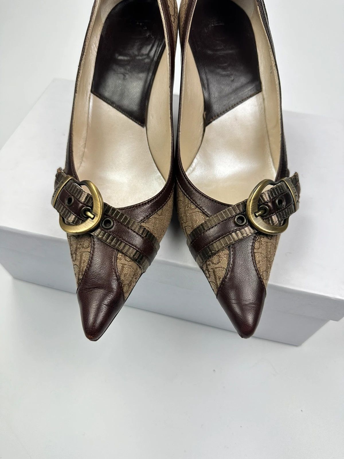 Dior Vintage Dior Monogram Heels Brown Leather with Gold Buckle Size US 7 / IT 37 - 6 Thumbnail