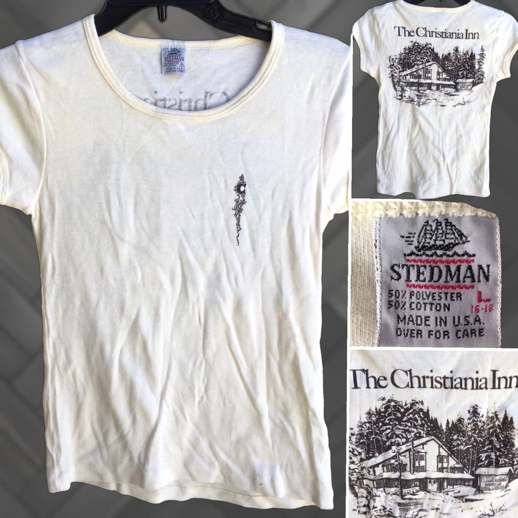 Vintage VINTAGE The Christiania Inn T Shirt Ladies 70s 80s Stedman Made In USA Size L Ivory Polycotton Graphic Hippy 1970s 1980s Mens/Womens? Size L / US 10 / IT 46 - 1 Thumbnail