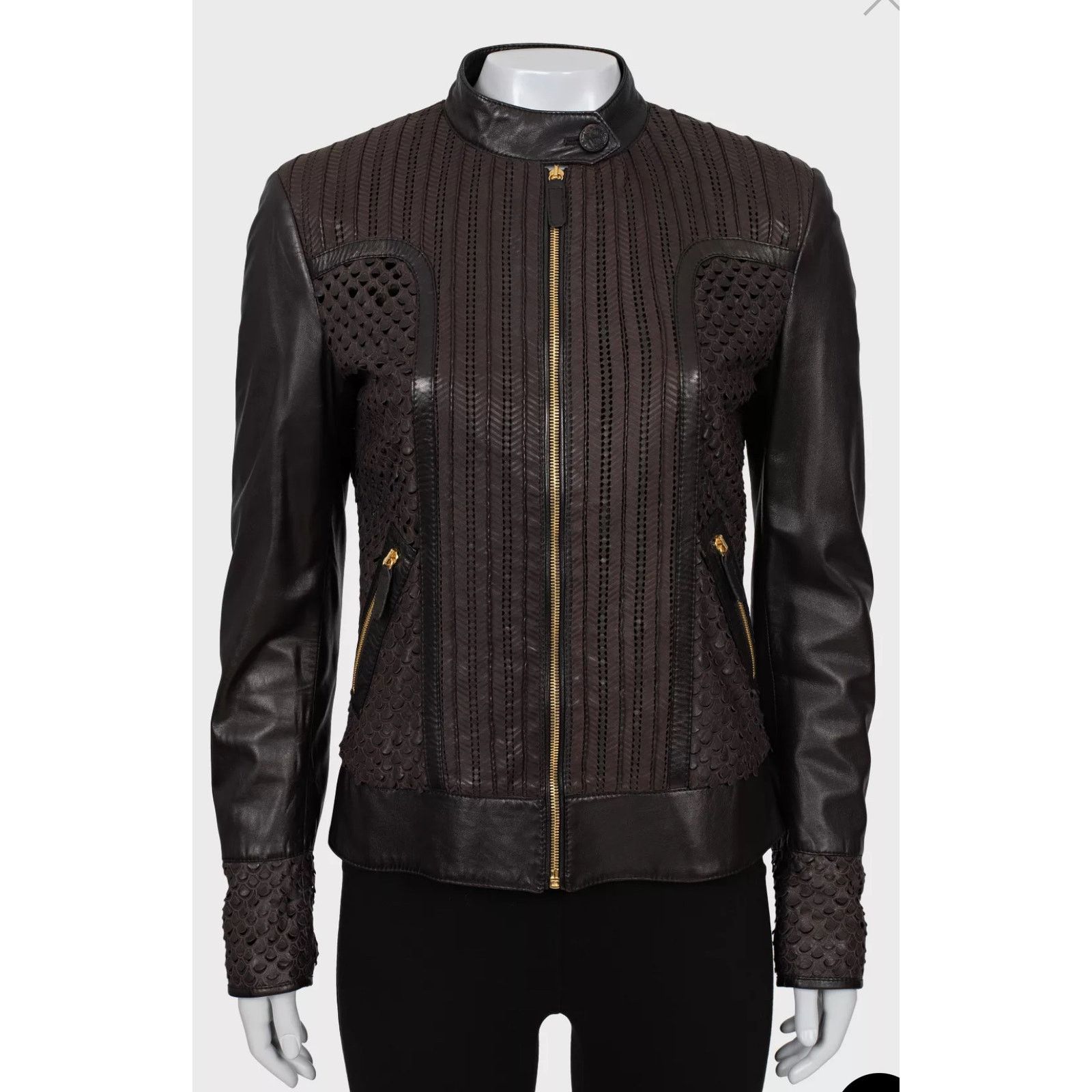 Roberto Cavalli Roberto Cavalli Brown Perforated Leather Jacket - IT40/S Size S / US 4 / IT 40 - 1 Thumbnail