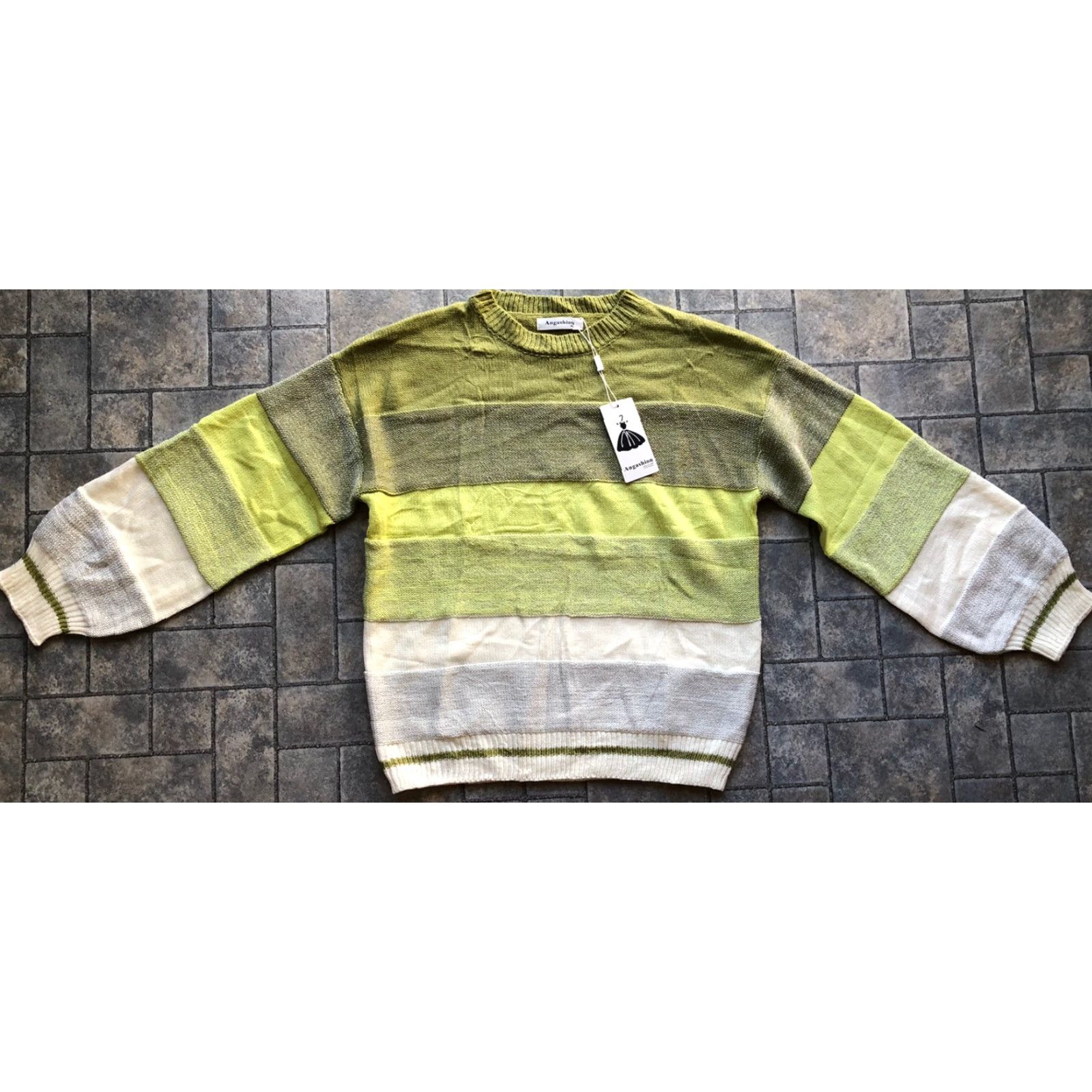 Vintage Angashion Sweater Womens Medium Green White Striped Pullover 100% Acrylic NWT Size M / US 6-8 / IT 42-44 - 2 Thumbnail