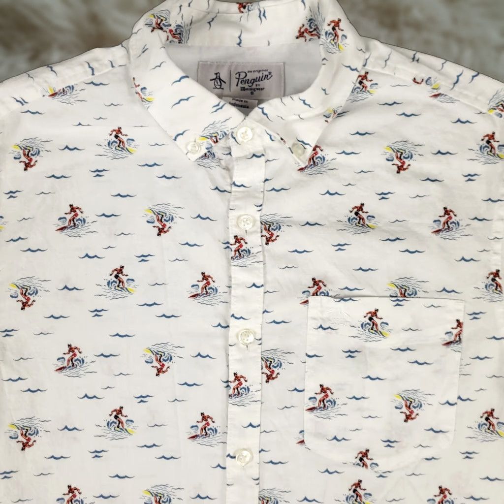 Original Penguin Penguin Shirt Mens Size Medium White Blue Surfiing Button Up Short Sleeve Shirt Size US M / EU 48-50 / 2 - 1 Thumbnail