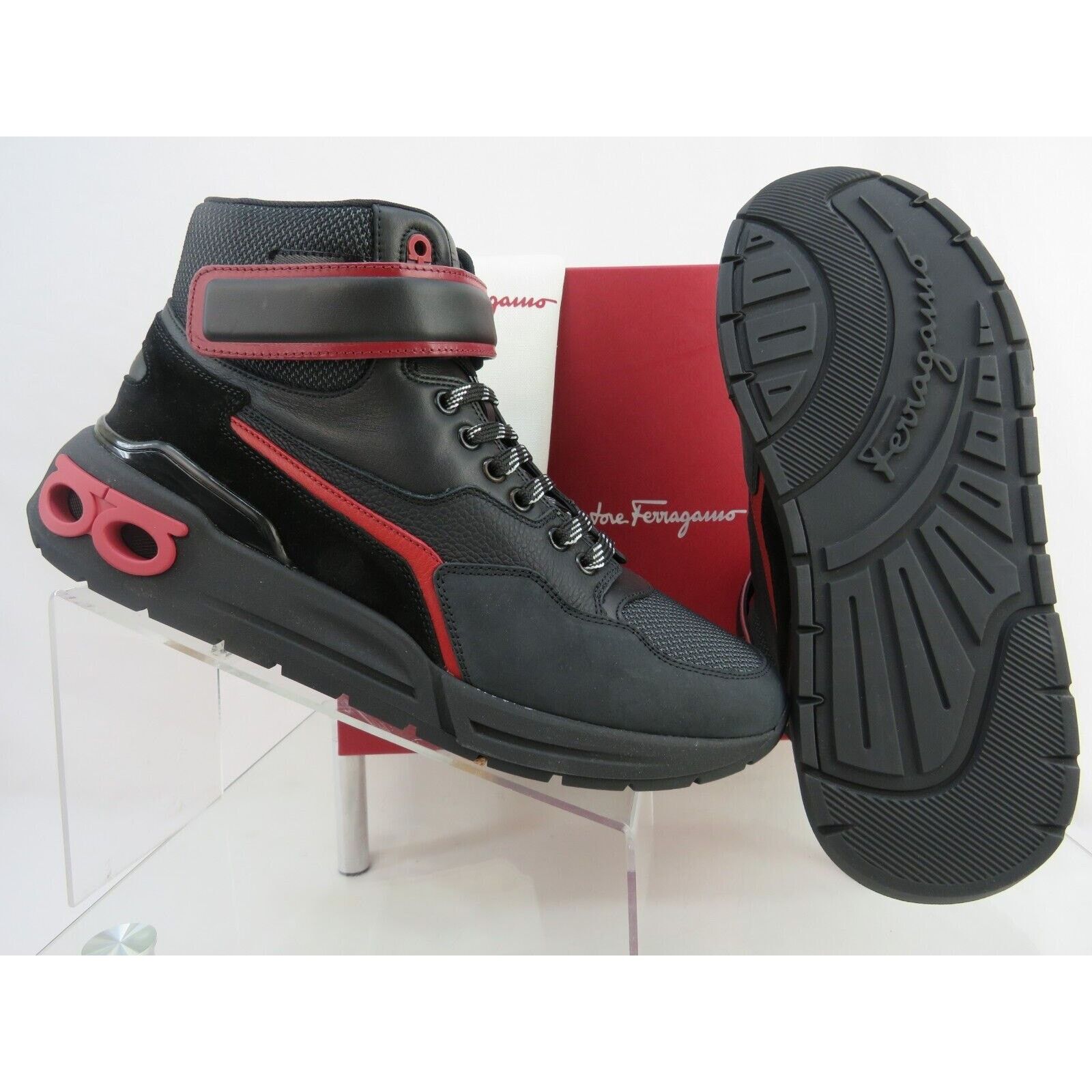 Salvatore Ferragamo COSMA HIGH BLACK LEATHER GANCINI MESH LACE SNEAKERS 11.5 M Size US 11.5 / EU 44-45 - 13 Thumbnail