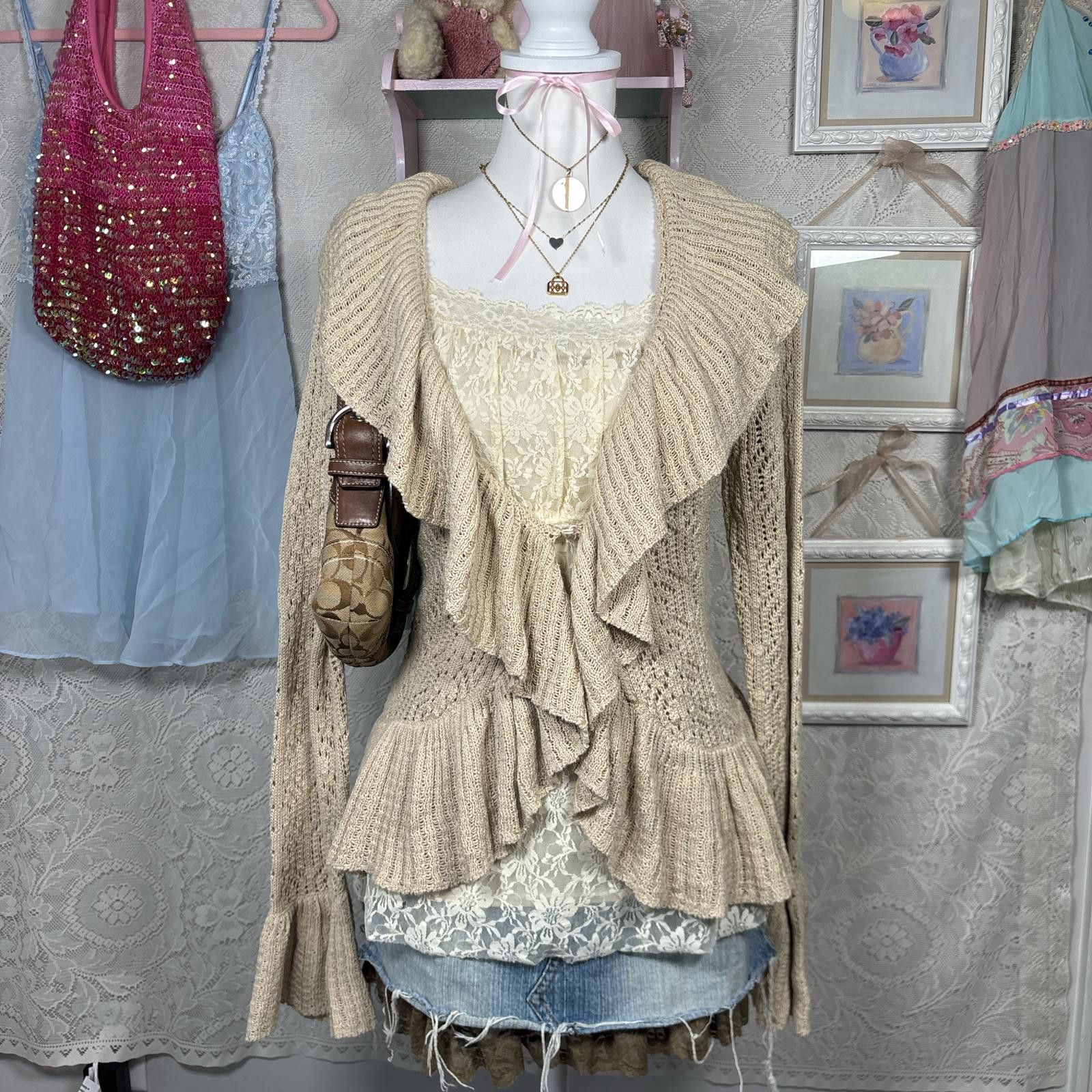Other vintage cozy ruffle fitted cardigan Size L / US 10 / IT 46 - 1 Thumbnail