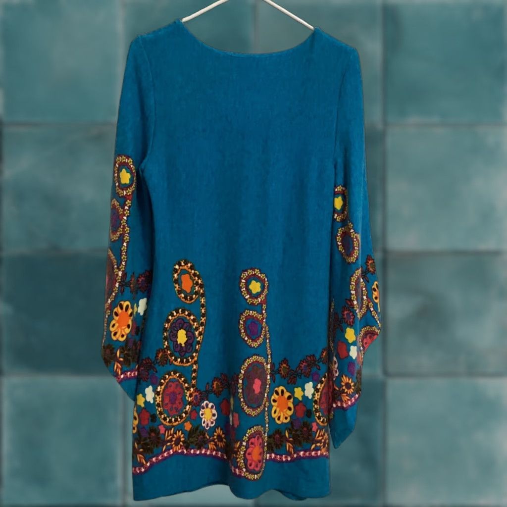 Anthropologie Aryeh Anthropologie Sweater Dress Women M Blue Flowers Flare Sleeve Boho Retro Knee Length Knit Pullover Size M Blue Womens Dress } Size M / US 6-8 / IT 42-44 - 1 Thumbnail