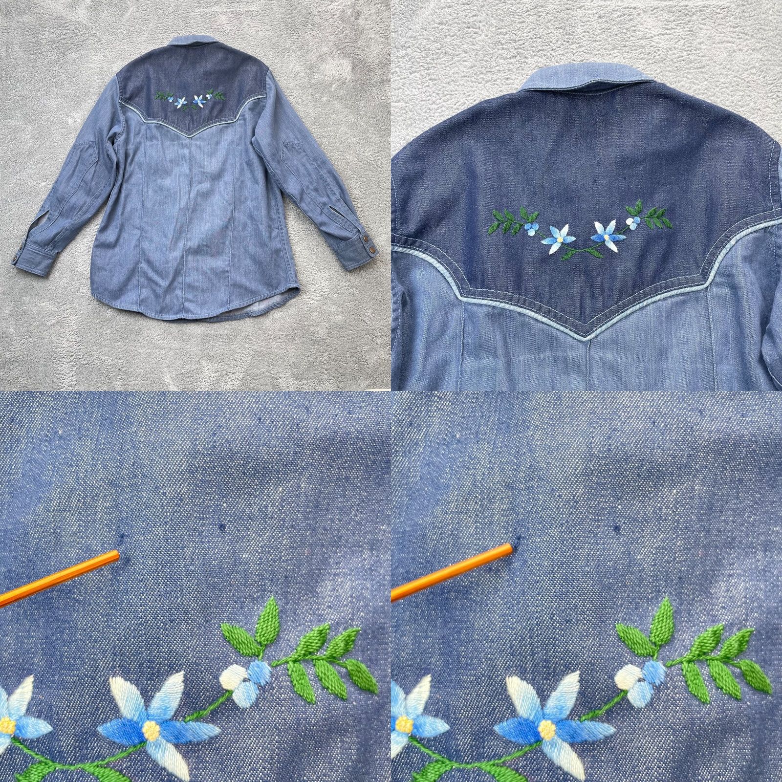 Vintage VTG Western Shirt Womens XL Blue Floral Embroidered Snap 70s Two Tone Denim Button-Up Casual Size XL / US 12-14 / IT 48-50 - 8 Thumbnail