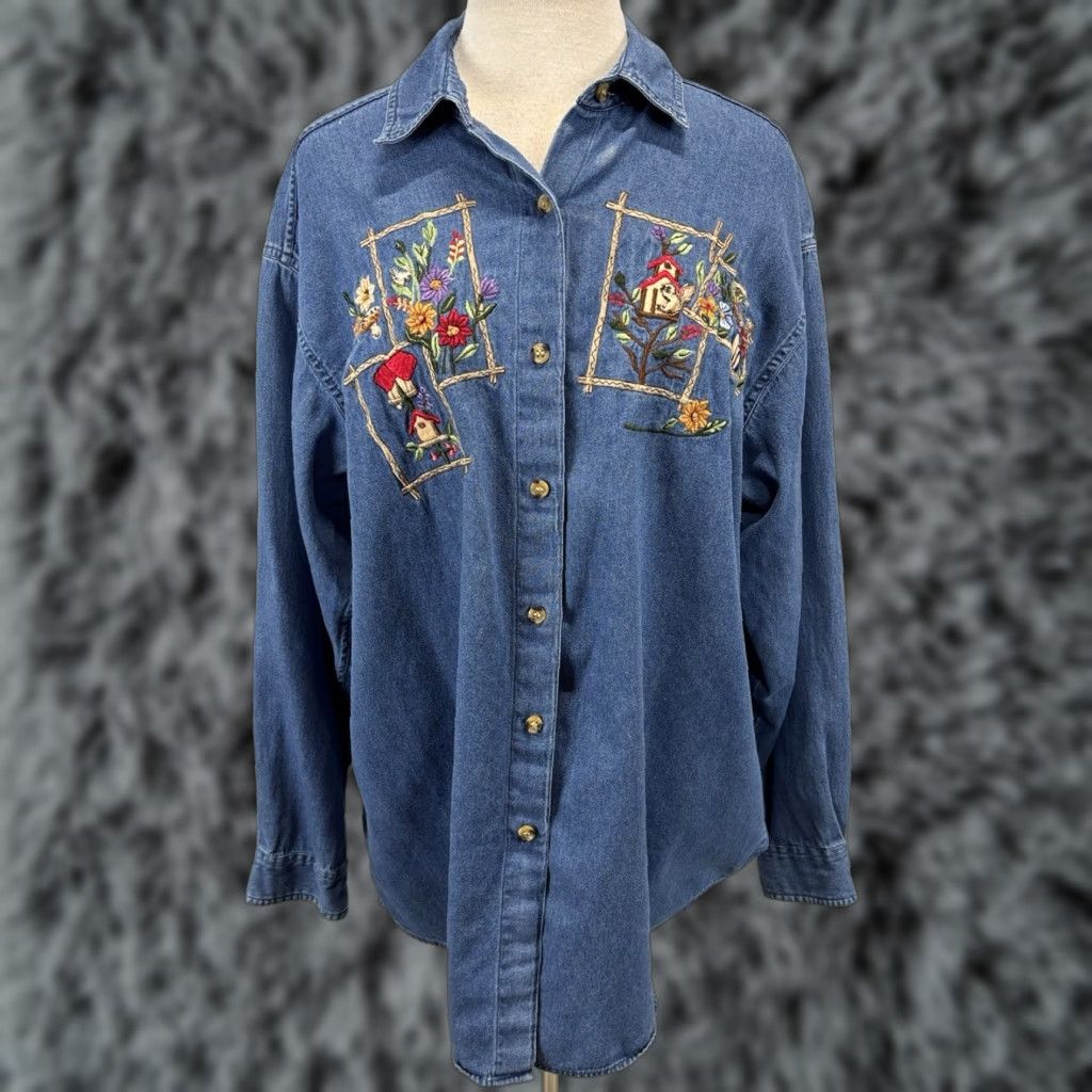 Vintage Vtg Victoria Jones Sport Denim Shirt Sz 18W Plus Embroidered Bird Houses READ Size XXL / US 16-18 / IT 52-54 - 1 Thumbnail