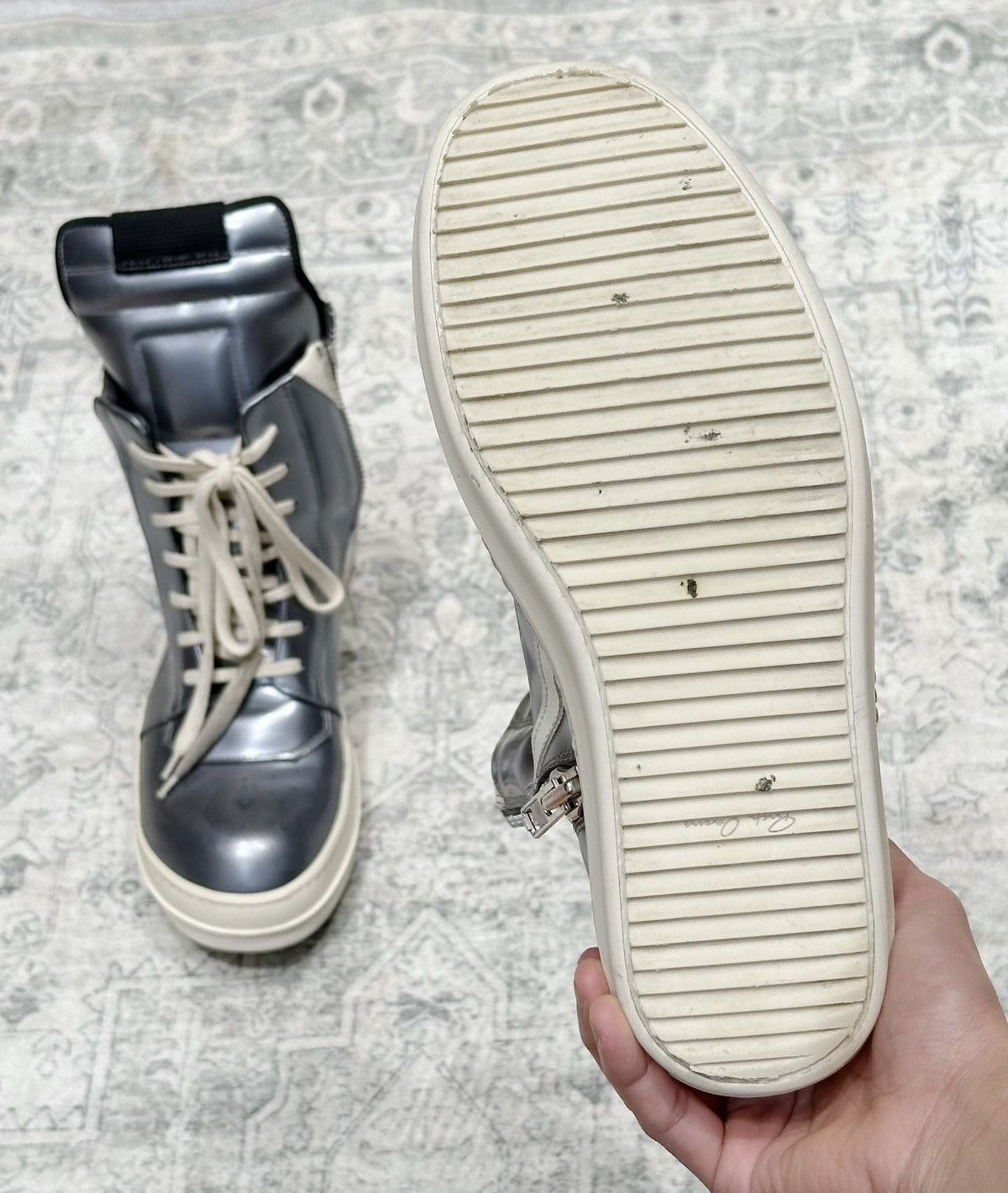 Rick Owens Rick Owens silver mirror inverted triangle high-top shoes Size US 7 / EU 40 - 8 Thumbnail