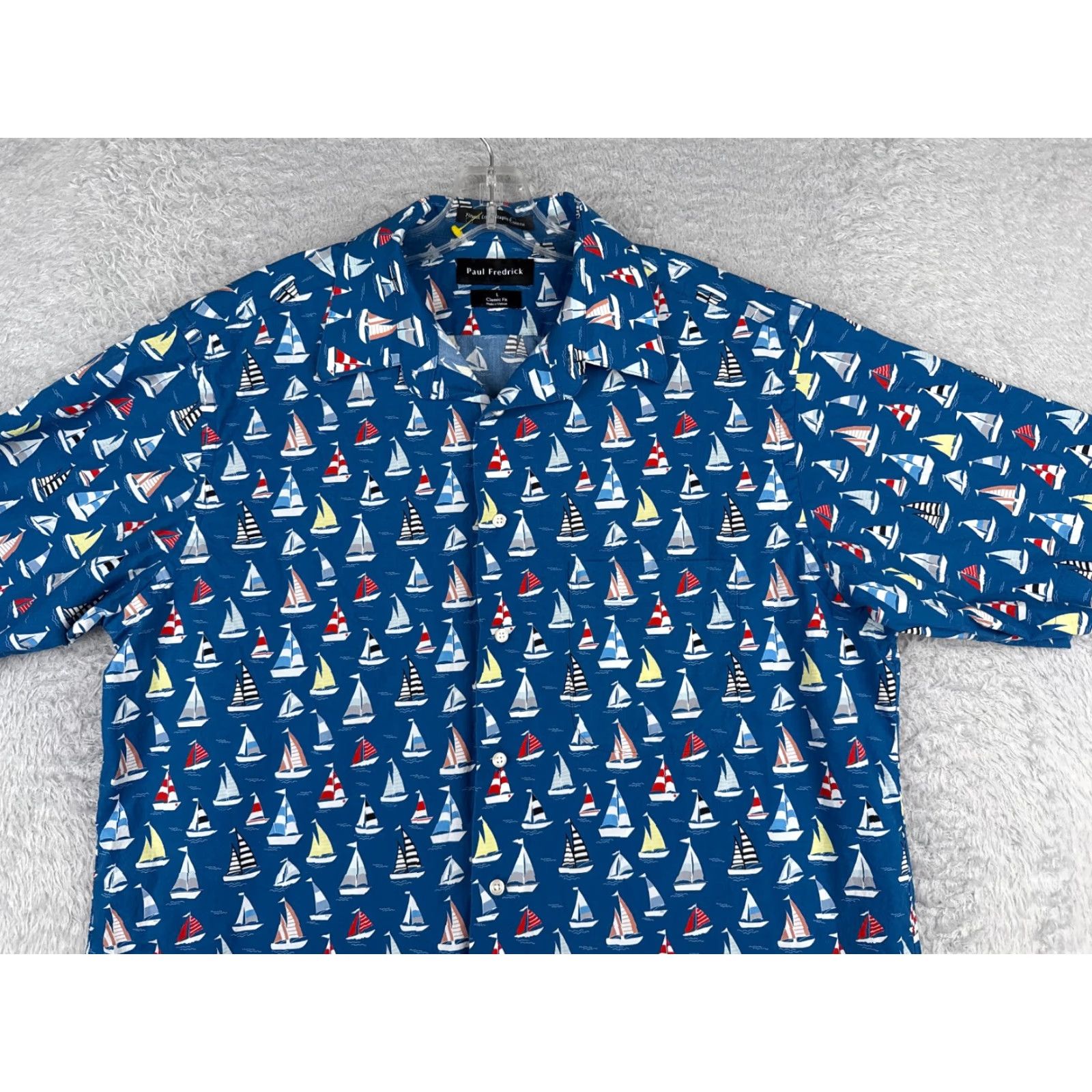 Vintage Paul Fredick Shirt Adult Large Blue Sailboat AOP Cotton Hawaiian Classic Fit Size US L / EU 52-54 / 3 - 4 Thumbnail