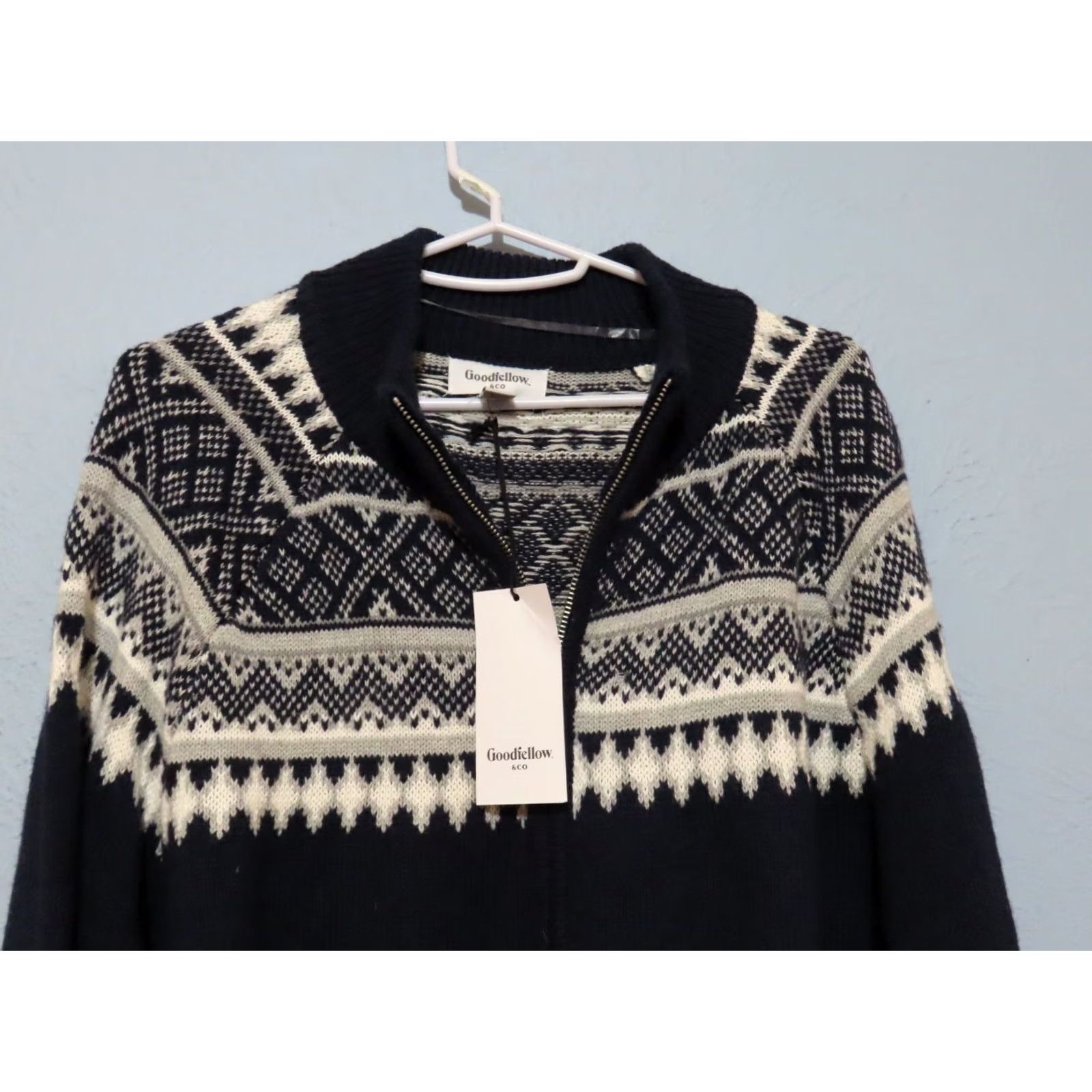 Vintage Goodfellow & Co Sweater Full Zip Navy White Gray Knit Cotton/Acrylic Blend Men's XL Navy with Print Around Neck Size US XL / EU 56 / 4 - 4 Thumbnail