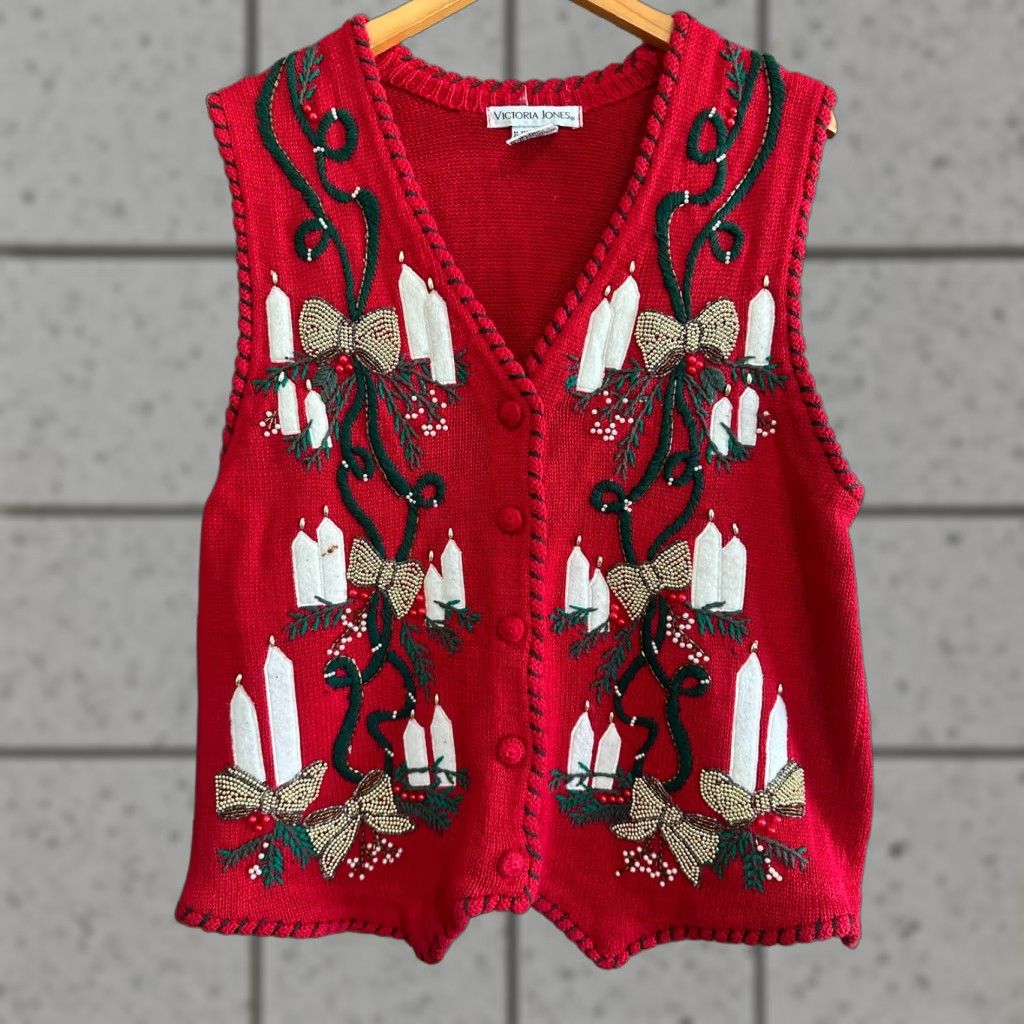 Vintage VINTAGE Victoria Jones Sweater Womens Large Red Christmas mistletoe Holiday Vest Top Size L / US 10 / IT 46 - 1 Thumbnail