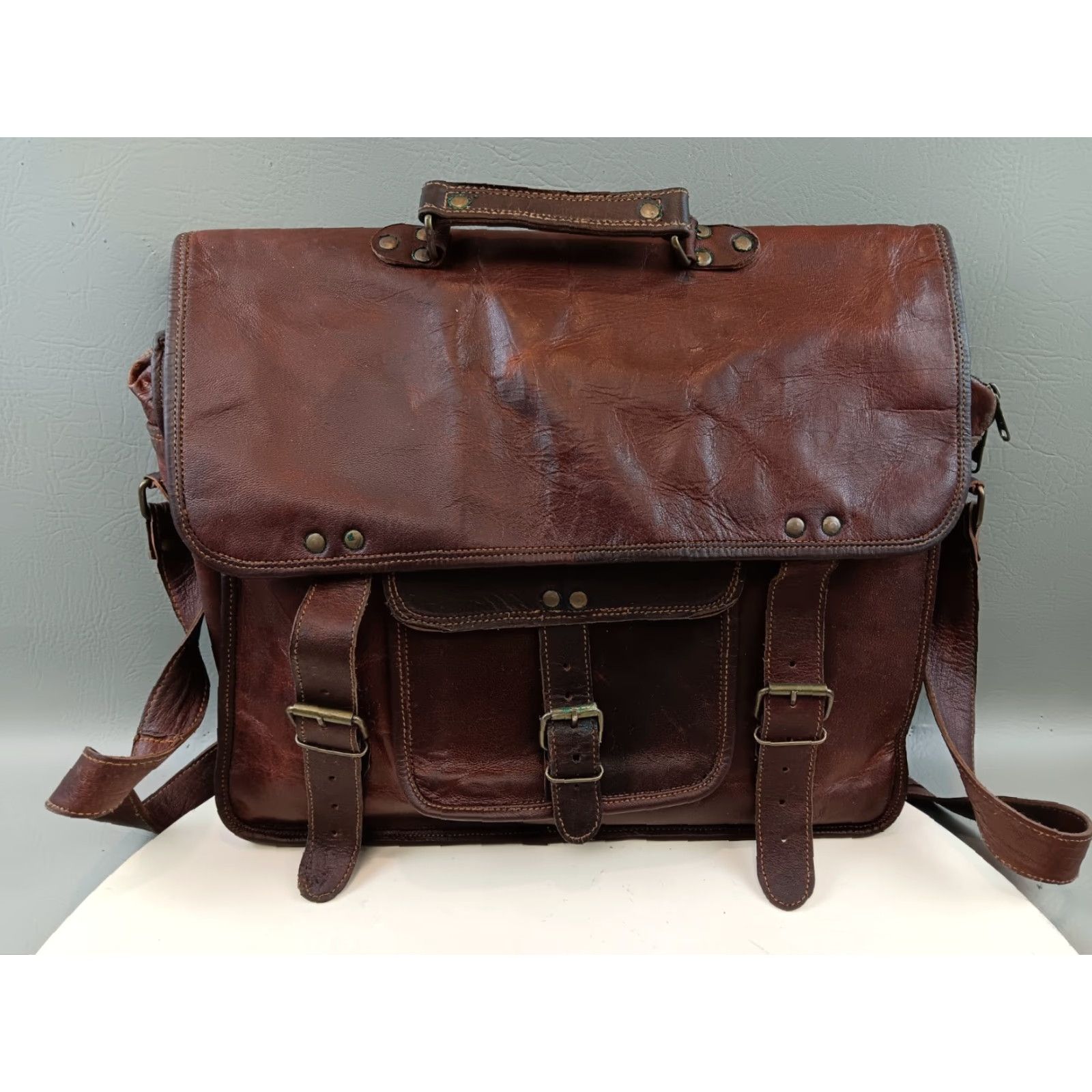 Vintage VINTAGE Handmade Leather Shoulder Bag Mens Medium Brown 90s Satchel Bag with Adjustable Strap Buckle Zip Size ONE SIZE - 5 Thumbnail