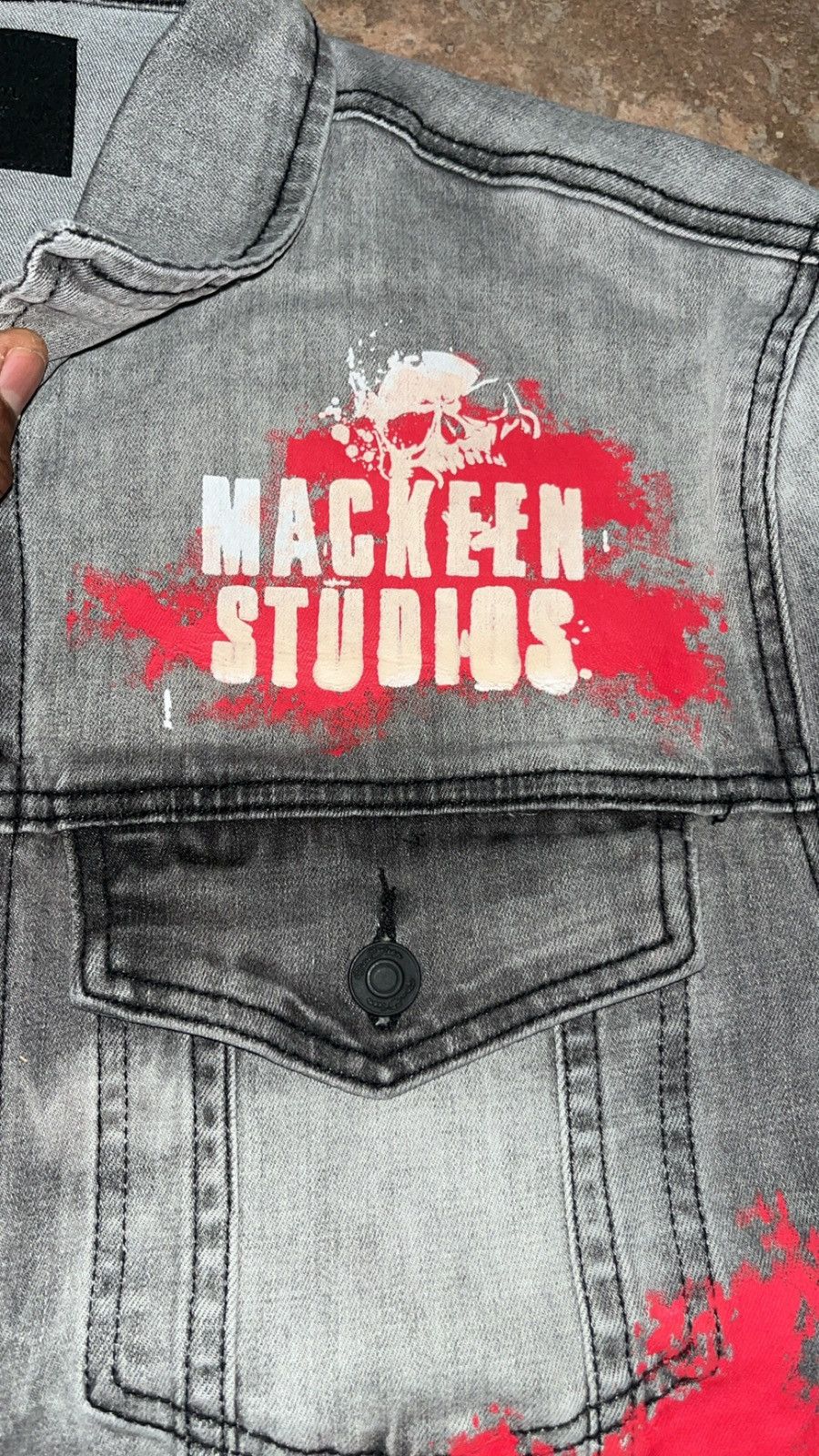 Designer Distressed denim jacket with skulls and red splatter design Size US XL / EU 56 / 4 - 4 Thumbnail