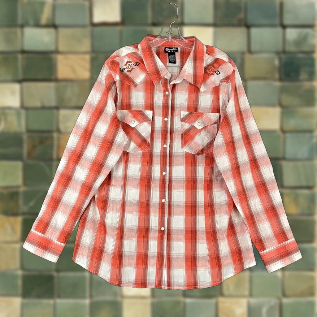 Wrangler Wrangler Men’s 2XL Western Shirt Long Sleeve Plaid Pearl Snap Button Red Orange Multicolor Size US XXL / EU 58 / 5 - 1 Thumbnail