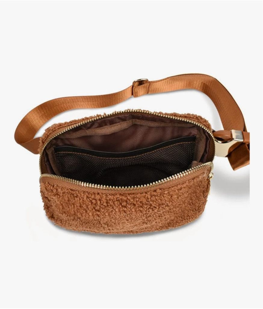 The Unbranded Brand NWOT Sherpa Fleece Belt Bag Gold Hardware Crossbody Brown Size ONE SIZE - 5 Thumbnail