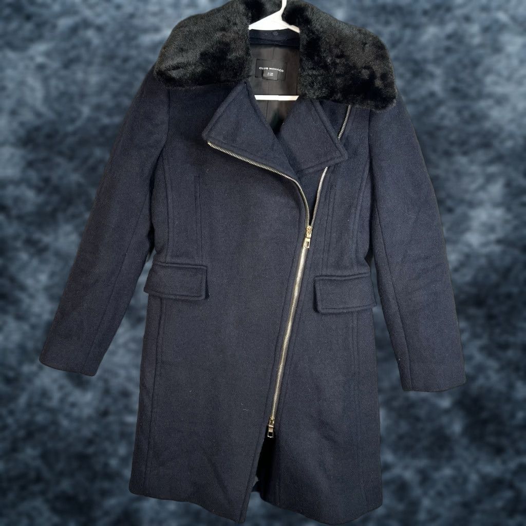 Club Monaco VINTAGE Club Monaco Wool Pea Coat Women XS Removable Faux Fur Collar Blue XS Coat Womens Pea Coat Wool Blue 90s Concert? Size XS / US 0-2 / IT 36-38 - 1 Thumbnail