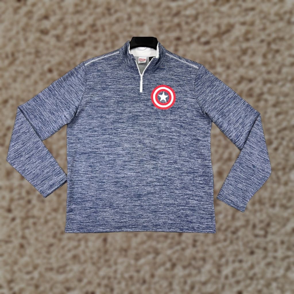 Vintage Captain America Marvel Mens 1/4 Zip Sweater Blue Shirt Polyester Mock Neck Full Size M Adult Regular Men’s Pullover Casual Logo Zipper Cap America Size US M / EU 48-50 / 2 - 1 Thumbnail