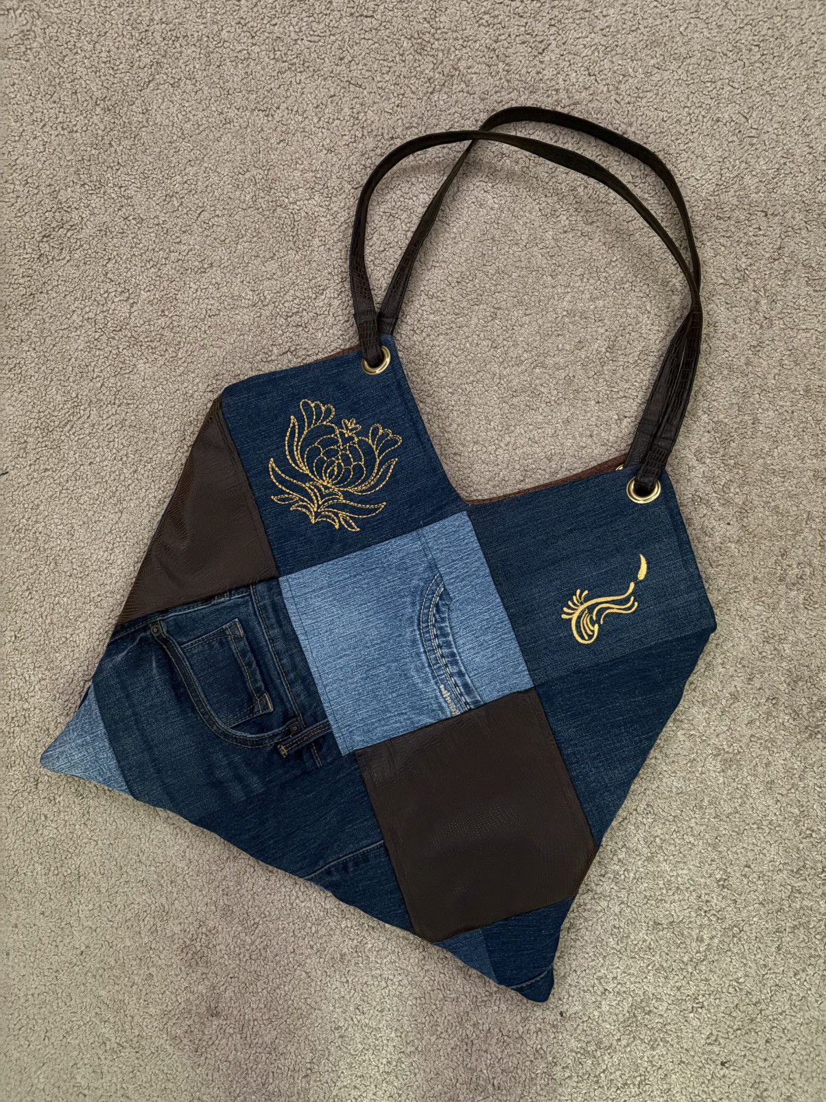 Denim Jean Patchwork Shoulder Tote Bag Handmade Distressed