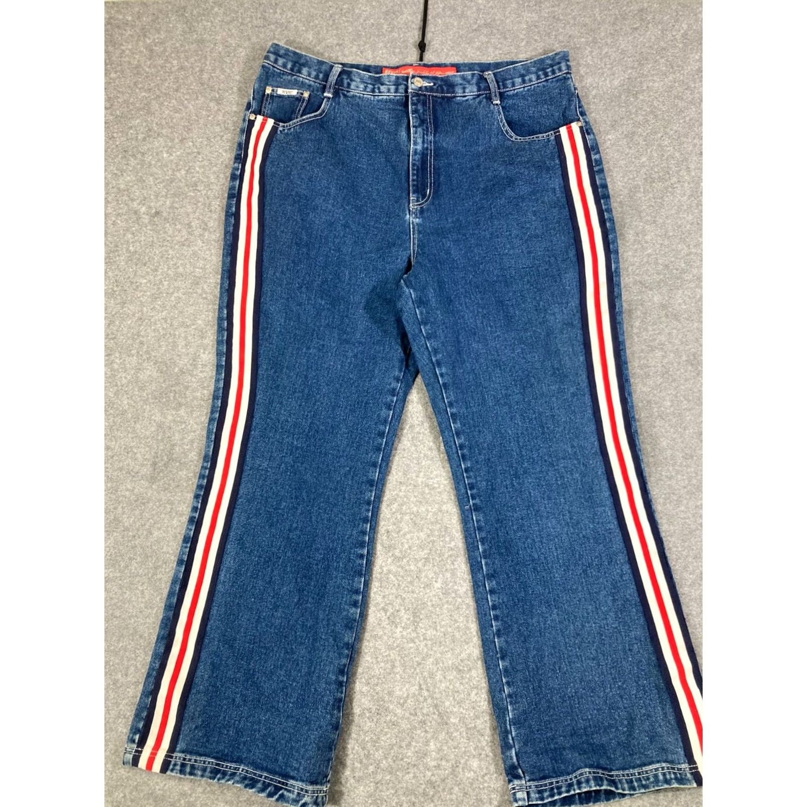 Denime Revolt Bootcut Womens Jeans 22 Blue Denim Striped Straight Leg Waistband Pockets Jeans 90s Womens (Plus) Blue Size 40" / US 18 - 3 Thumbnail
